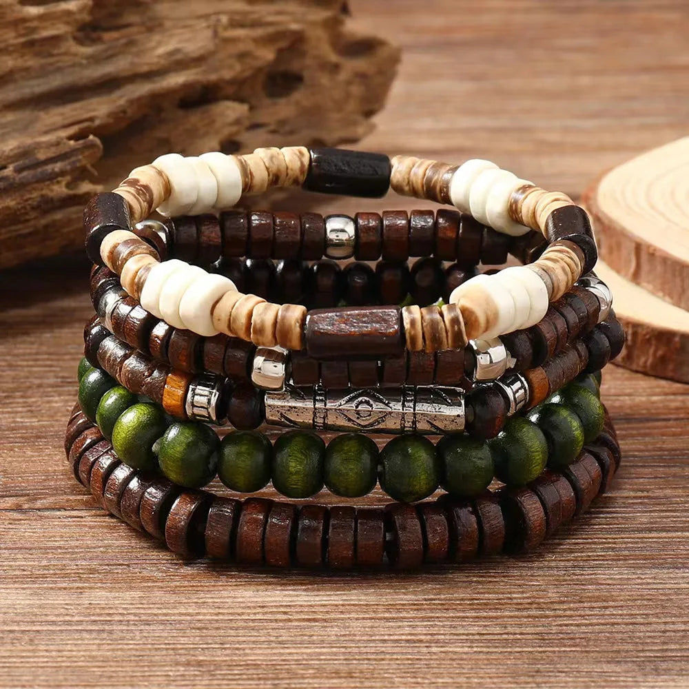 Cross Life Tree 5Pcs/set Vintage Bronze Ethnic Casual Wood Beads Feather Charm Leather Women Bracelets Men Male Jewelry