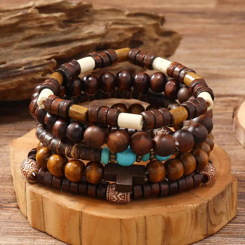 Cross Life Tree 5Pcs/set Vintage Bronze Ethnic Casual Wood Beads Feather Charm Leather Women Bracelets Men Male Jewelry