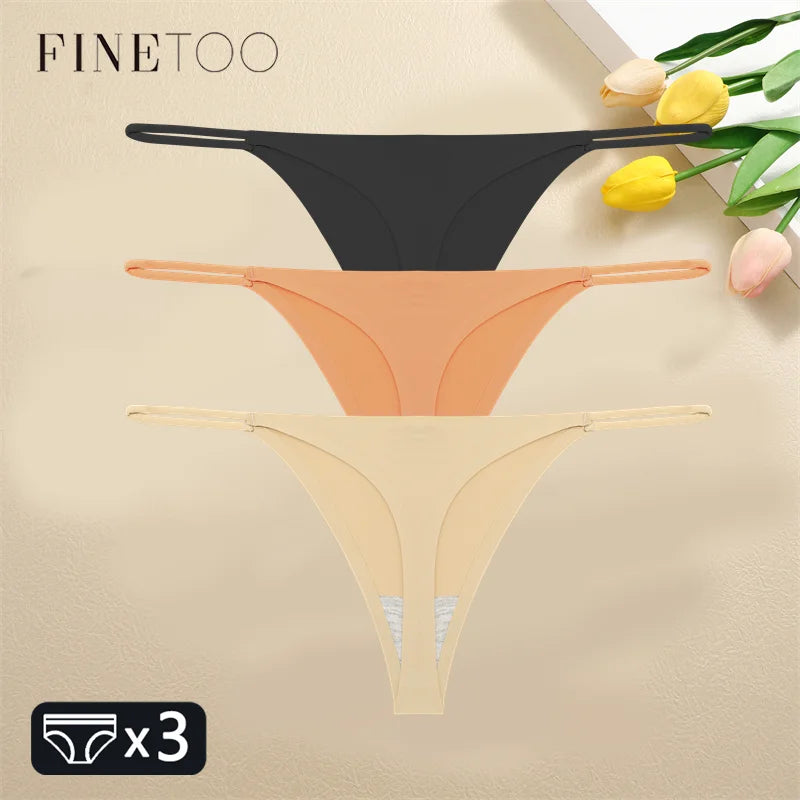 FINETOO 3PCS Women Seamless Thongs Sexy Low Waist Bikini Panties Female Traceless Underpants Ladies Solid Color T-back XS-XL