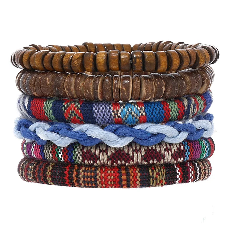 4Pcs/ Set Braided Wrap Leather Bracelets for Men Vintage Life Tree Rudder Charm Wood Beads Ethnic Tribal Wristband Rope Bracelet