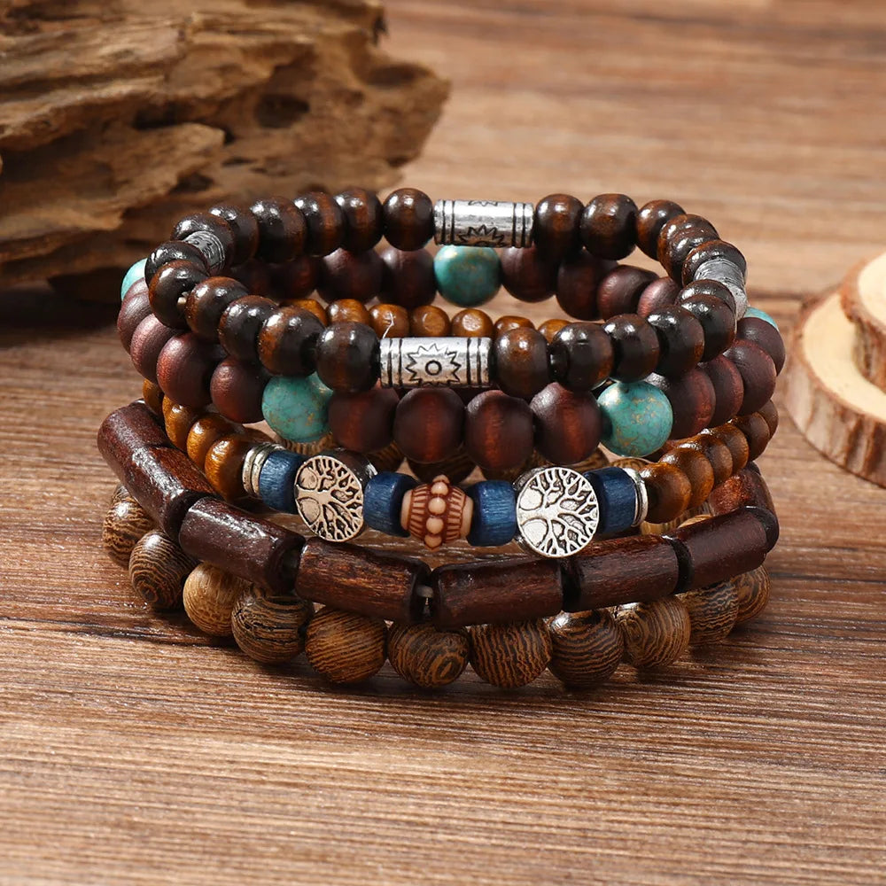 Cross Life Tree 5Pcs/set Vintage Bronze Ethnic Casual Wood Beads Feather Charm Leather Women Bracelets Men Male Jewelry