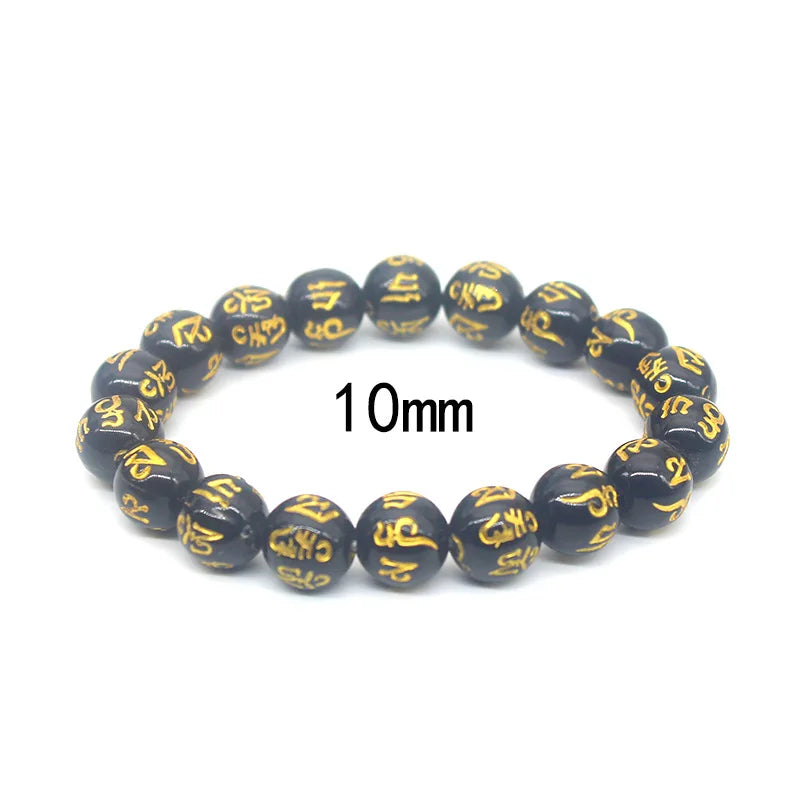 Natural Obsidian Beads Six Character Mantra Bracelet Lucky Wealth Bangle Buddhist Accessories Meditation Blessing Amulet Jewelry