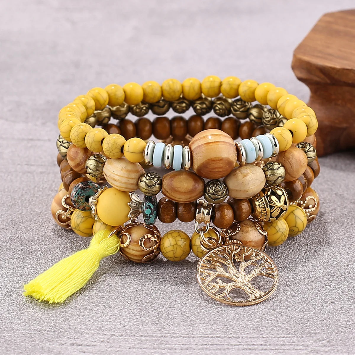 4Pcs Bohemia Tree Of Life Charm Beaded Bracelet Set For Women Handmade Wood Beads Chain Bangle Female Boho Jewelry