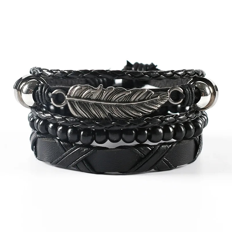 4Pcs/ Set Braided Wrap Leather Bracelets for Men Vintage Life Tree Rudder Charm Wood Beads Ethnic Tribal Wristband Rope Bracelet