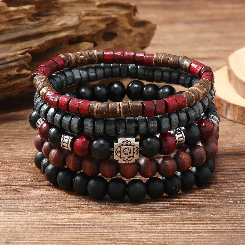 Cross Life Tree 5Pcs/set Vintage Bronze Ethnic Casual Wood Beads Feather Charm Leather Women Bracelets Men Male Jewelry