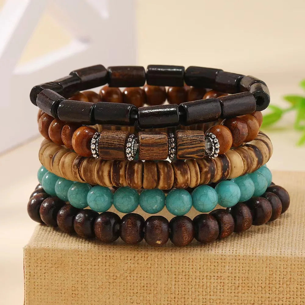 Cross Life Tree 5Pcs/set Vintage Bronze Ethnic Casual Wood Beads Feather Charm Leather Women Bracelets Men Male Jewelry