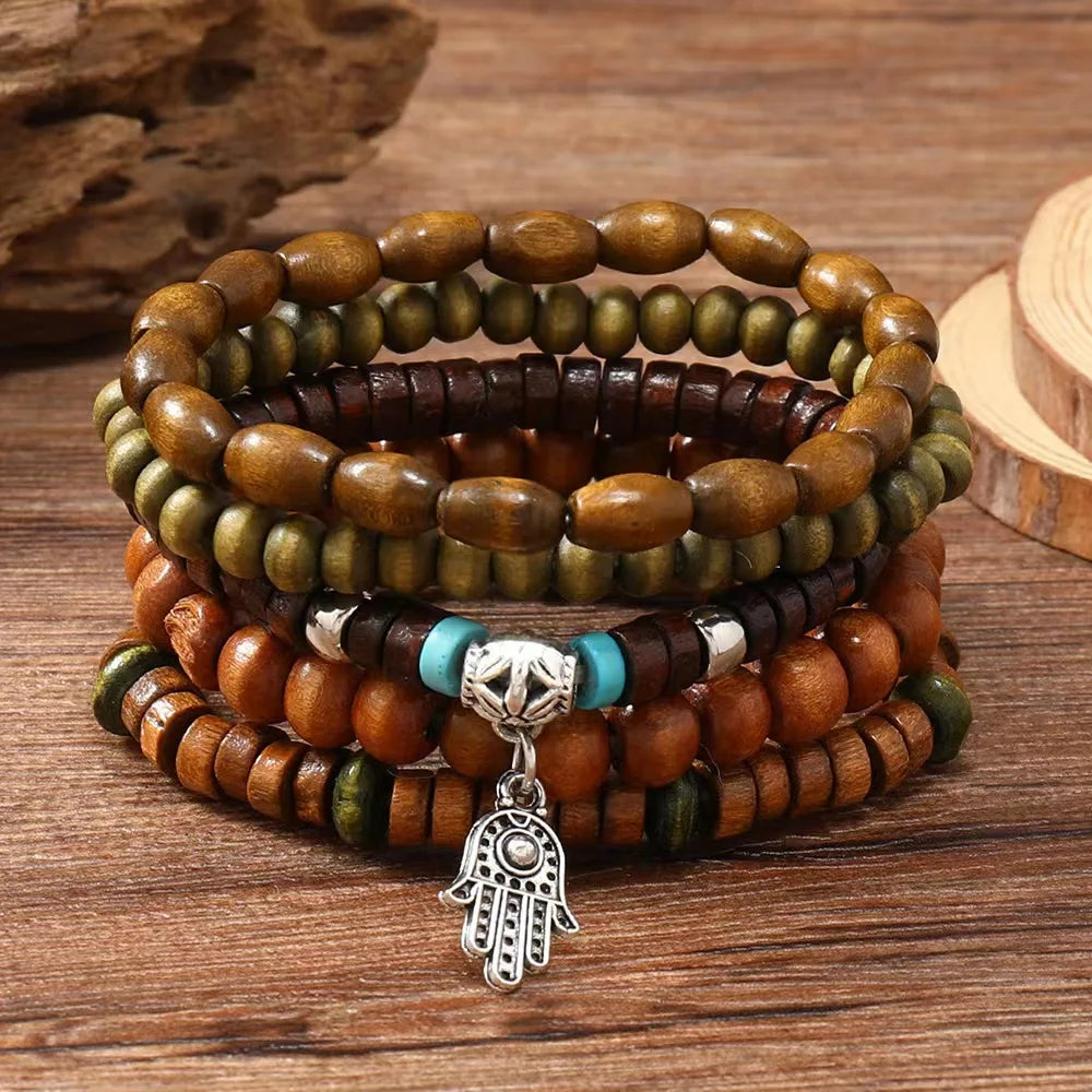 Cross Life Tree 5Pcs/set Vintage Bronze Ethnic Casual Wood Beads Feather Charm Leather Women Bracelets Men Male Jewelry