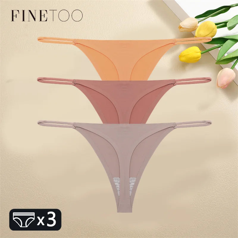 FINETOO 3PCS Women Seamless Thongs Sexy Low Waist Bikini Panties Female Traceless Underpants Ladies Solid Color T-back XS-XL