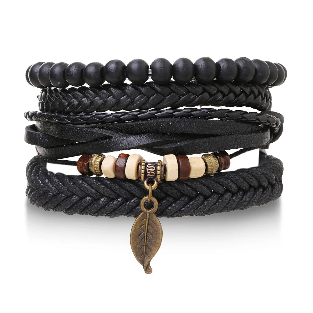 4Pcs/ Set Braided Wrap Leather Bracelets for Men Vintage Life Tree Rudder Charm Wood Beads Ethnic Tribal Wristband Rope Bracelet