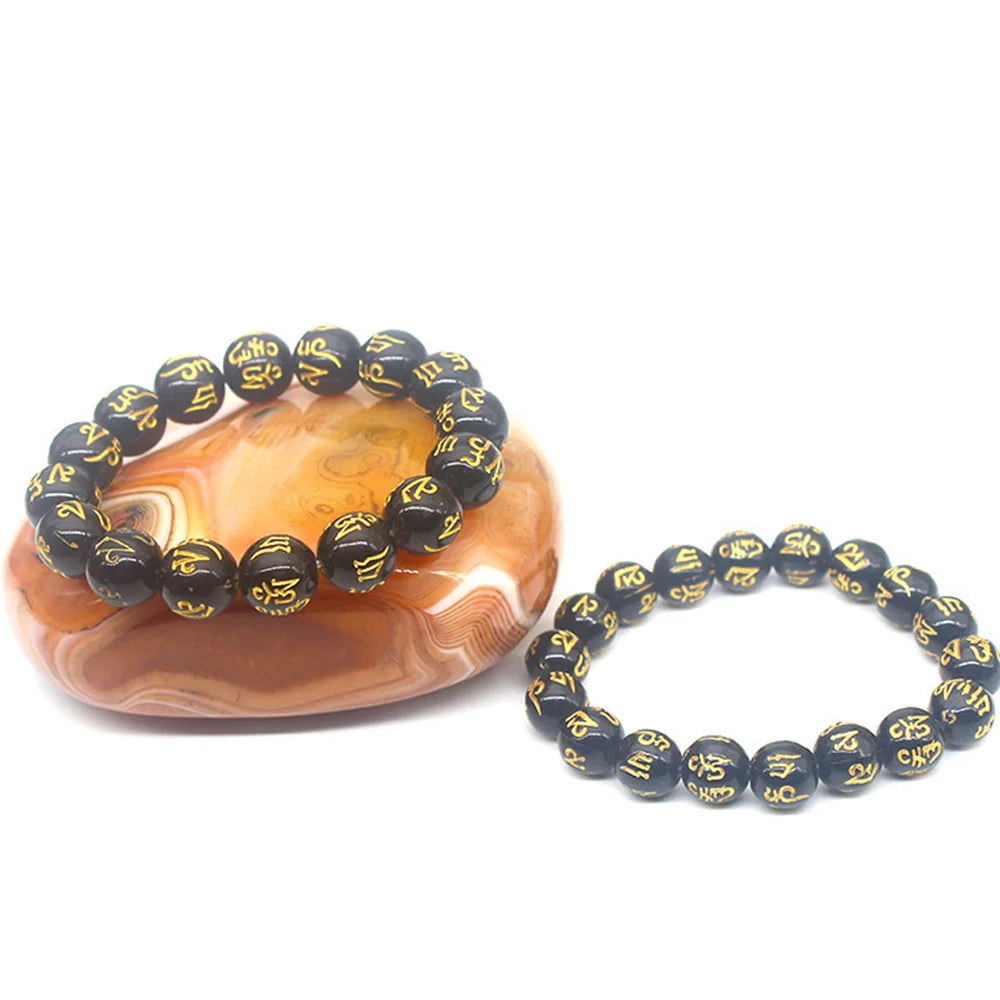 Natural Obsidian Beads Six Character Mantra Bracelet Lucky Wealth Bangle Buddhist Accessories Meditation Blessing Amulet Jewelry