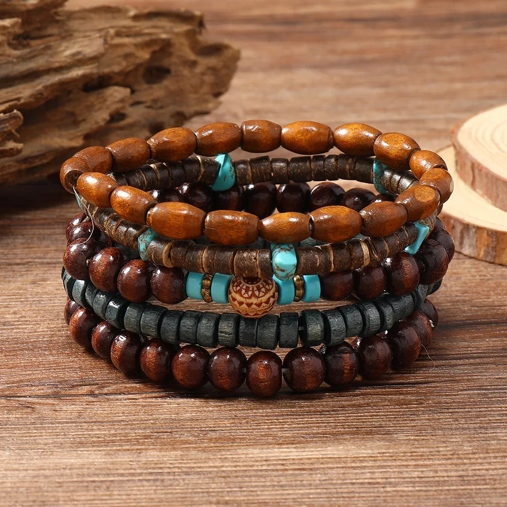 Cross Life Tree 5Pcs/set Vintage Bronze Ethnic Casual Wood Beads Feather Charm Leather Women Bracelets Men Male Jewelry