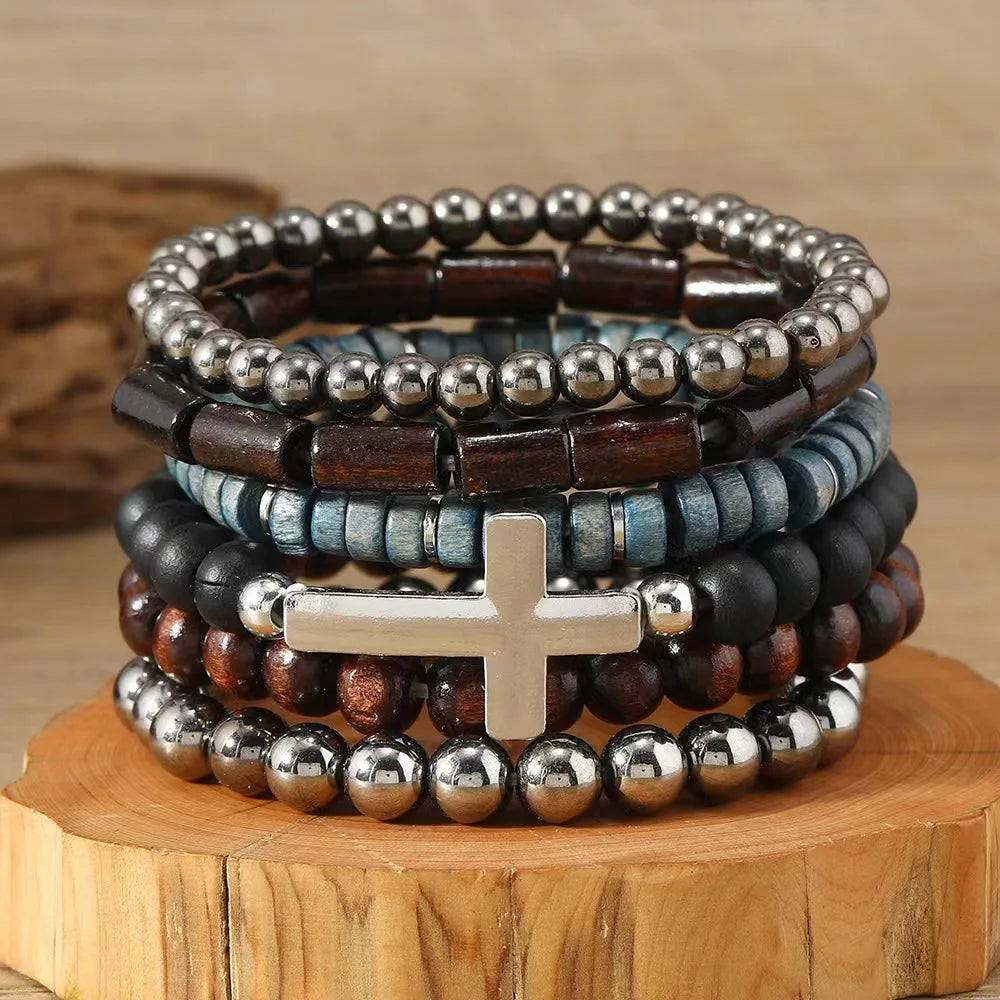 Cross Life Tree 5Pcs/set Vintage Bronze Ethnic Casual Wood Beads Feather Charm Leather Women Bracelets Men Male Jewelry