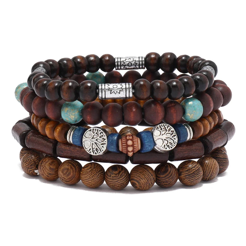 4Pcs/ Set Braided Wrap Leather Bracelets for Men Vintage Life Tree Rudder Charm Wood Beads Ethnic Tribal Wristband Rope Bracelet