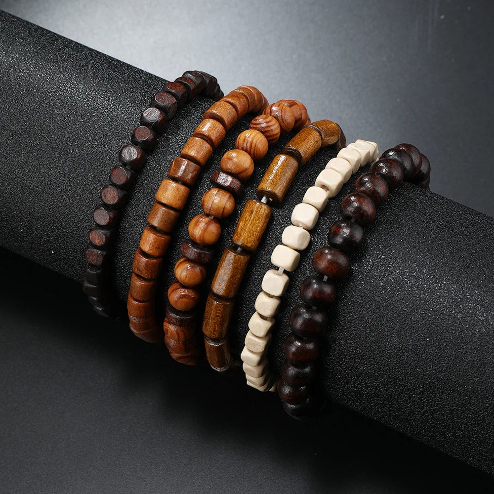 4Pcs/ Set Braided Wrap Leather Bracelets for Men Vintage Life Tree Rudder Charm Wood Beads Ethnic Tribal Wristband Rope Bracelet