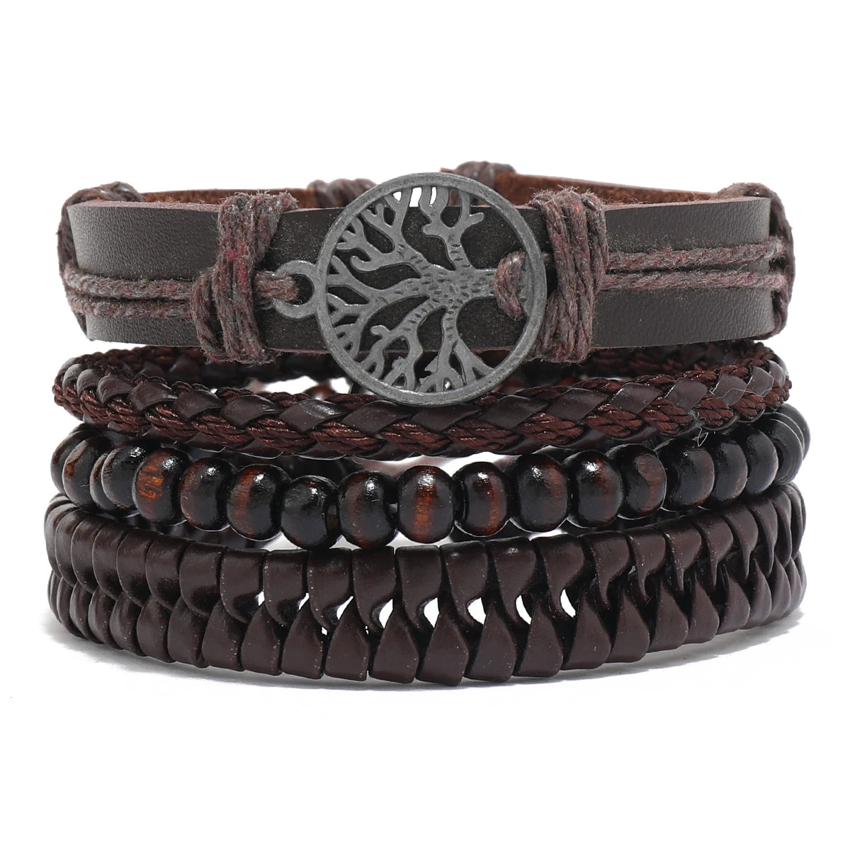 4Pcs/ Set Braided Wrap Leather Bracelets for Men Vintage Life Tree Rudder Charm Wood Beads Ethnic Tribal Wristband Rope Bracelet