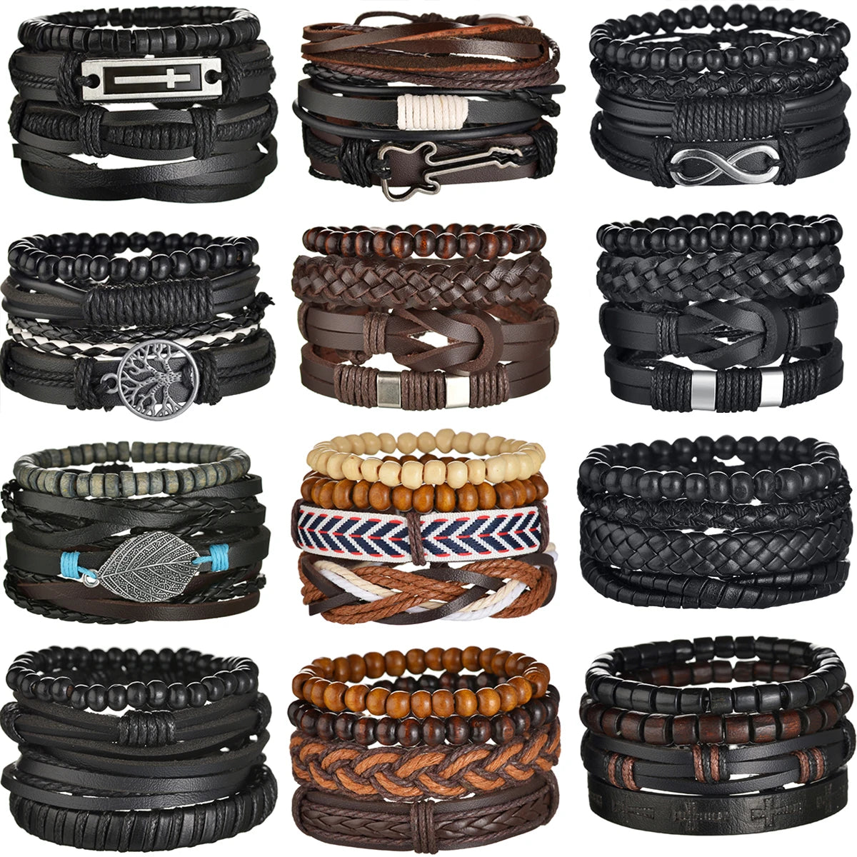 MeMolissa 3/4Pcs/ Set Braided Wrap Leather Bracelet for Men Vintage Life Tree Guitar Wood Beads Fashion Male Bracelets Wristband