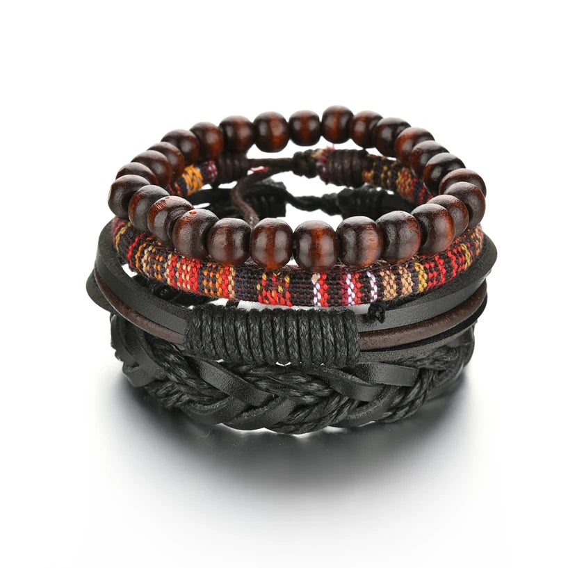 MeMolissa 3/4Pcs/ Set Braided Wrap Leather Bracelet for Men Vintage Life Tree Guitar Wood Beads Fashion Male Bracelets Wristband